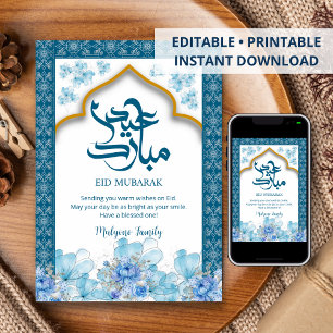 Festiva Tarjeta de Eid Mubarak floral con acuarela azul