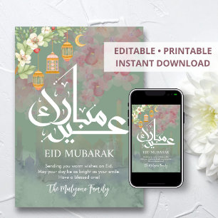 Festiva Tarjeta de Eid Mubarak floral de acuarela rosa sua