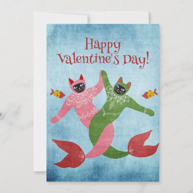 Festiva Tarjeta de El día de San Valentín de gato Mermaid  (Anverso)