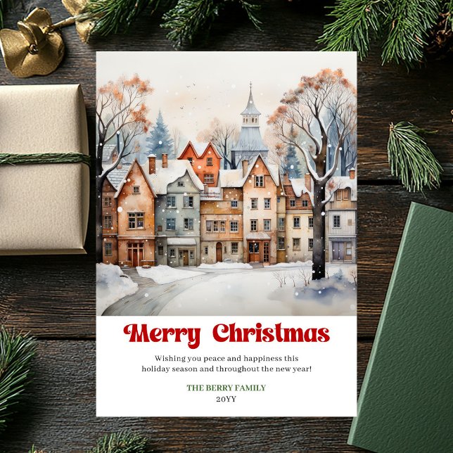 Festiva Tarjeta de escena invernal pacífica rústica y auda (Peaceful winter scene card rustic bold holiday lettering

)