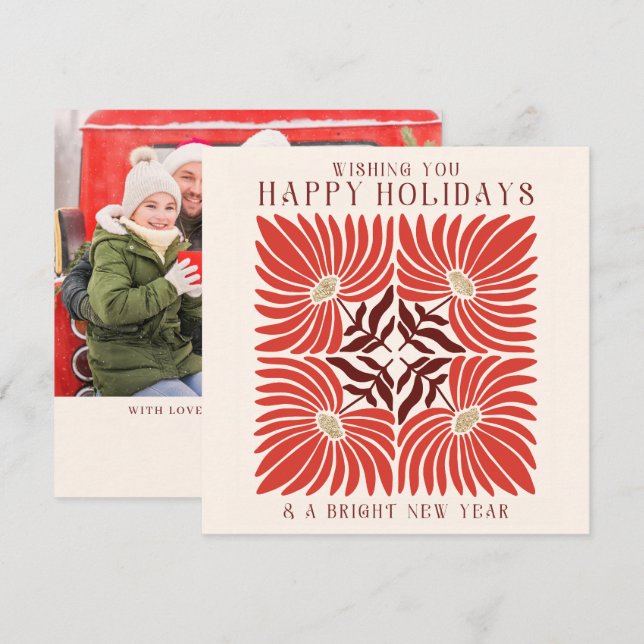 Festiva Tarjeta de Felices Fiestas con Floral Rojo Moderno (Anverso / Reverso)