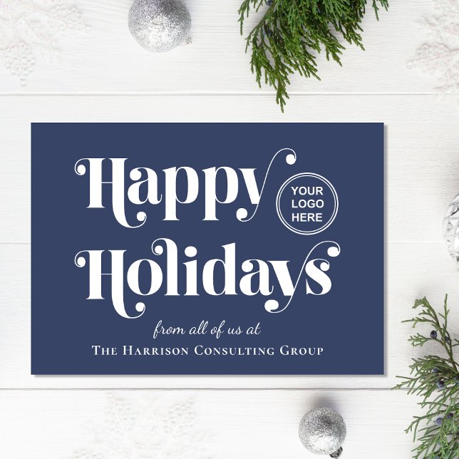Festiva Tarjeta de Felices Fiestas Corporativa Logo Azul (Our user-friendly template makes it a breeze to upload your logo and personalize your card)