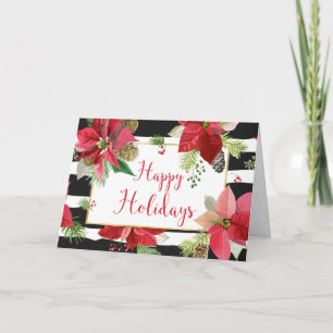 Festiva Tarjeta de Felices Fiestas Poinsettias, Rayas Negr