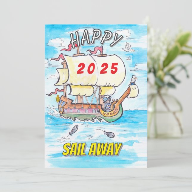 Festiva tarjeta de felicitación 2025 barco navegar lejos (Anverso de pie)
