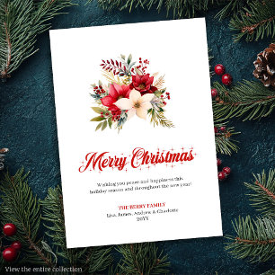 Festiva Tarjeta de Felicitación Botánica de Poinsettia Roj