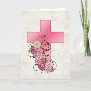 Festiva Tarjeta de Felicitación Cristiana Cruz Rosa con Fl