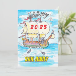 Festiva tarjeta de felicitación de 2025 barco navegar lejo