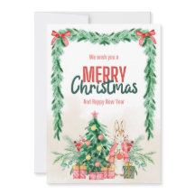 Tarjeta de felicitación de conejo festivo y árbol 