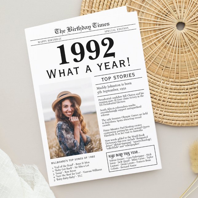 Festiva Tarjeta de felicitación de cumpleaños de periódico (Born in 1992 Unique Newspaper Birthday greeting card, with news, trivia and custom photo)