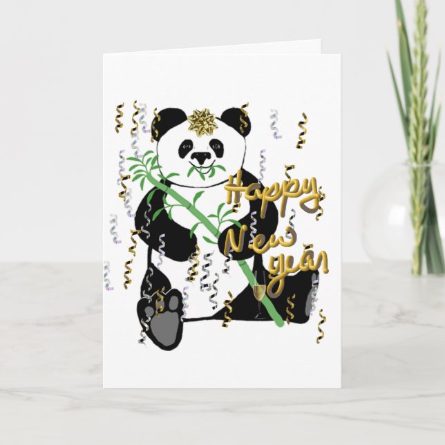 Festiva Tarjeta de felicitación de la panda del Año Nuevo (Anverso)
