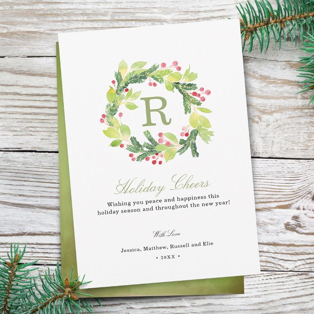 Festiva Tarjeta de Felicitación de Monograma de Corona de  (Holiday Cheers Wreath Monogram Holiday Card)
