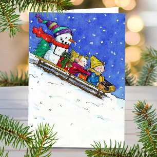 Festiva Tarjeta de felicitación de niños felices en trineo
