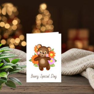 Festiva Tarjeta de Felicitación de Oso Lindo con Flores 