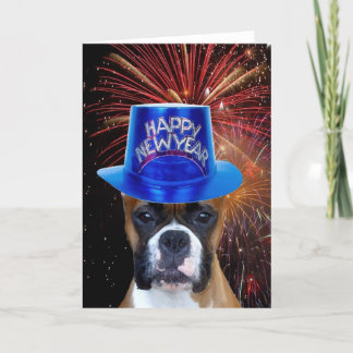 Festiva Tarjeta de felicitación de perro Boxer para Año Nu