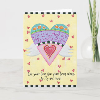 Festiva Tarjeta de felicitación del corazón alado (amarill