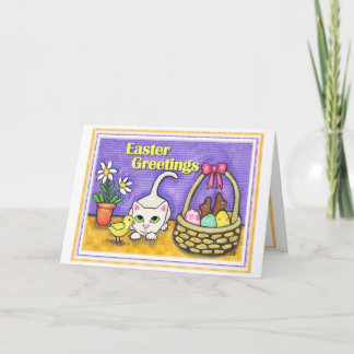 Festiva Tarjeta de felicitación del gato y del polluelo de