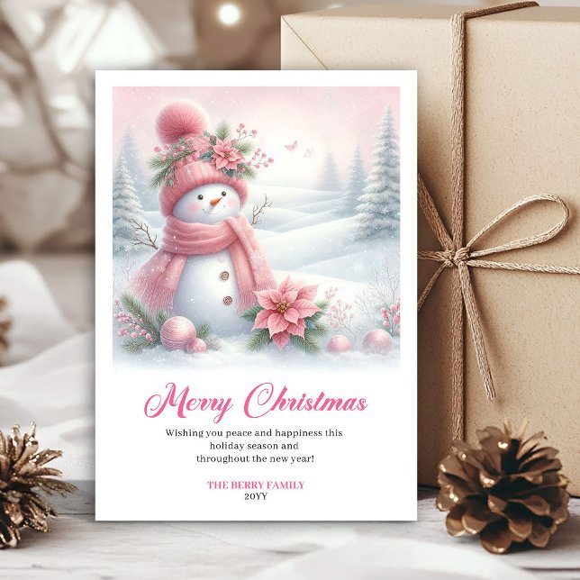 Festiva Tarjeta de felicitación digital sonriente de muñec (Smiling pink snowman kids greeting card digital)