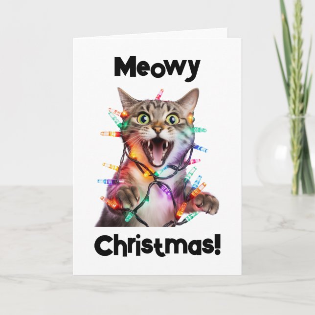 Festiva Tarjeta de felicitación doblada para gato de Meowy (Anverso)