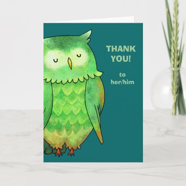 Festiva Tarjeta de felicitación Green Owl (personalizable) (Anverso)