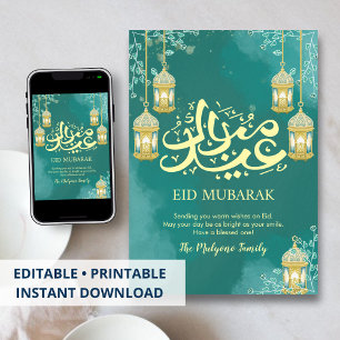 Festiva Tarjeta de felicitación moderna Eid Mubarak con ac