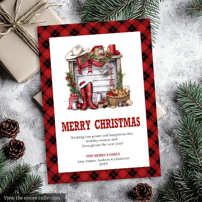Festiva Tarjeta de felicitación occidental rústica estilo  (Rustic Western greeting card buffalo plaid style

)