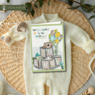 Festiva Tarjeta de felicitación para el bebé oso Bienvenid