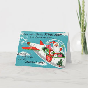 Festiva Tarjeta de felicitación Retro Spaceship Santa Navi