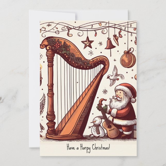 Festiva Tarjeta de felicitación Santa Harp para Navidades  (Anverso)