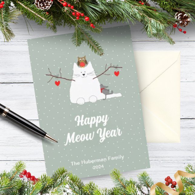 Festiva 'Tarjeta de Feliz Año Meow' Tarjeta plana de Navid (A beautifully illustrated Christmas card with a snowcat, an owl and a sleeping mouse.)