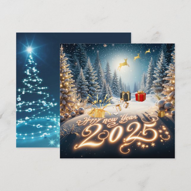 Festiva Tarjeta de Feliz Año Nuevo 2025 Bosque Dorado (Anverso / Reverso)