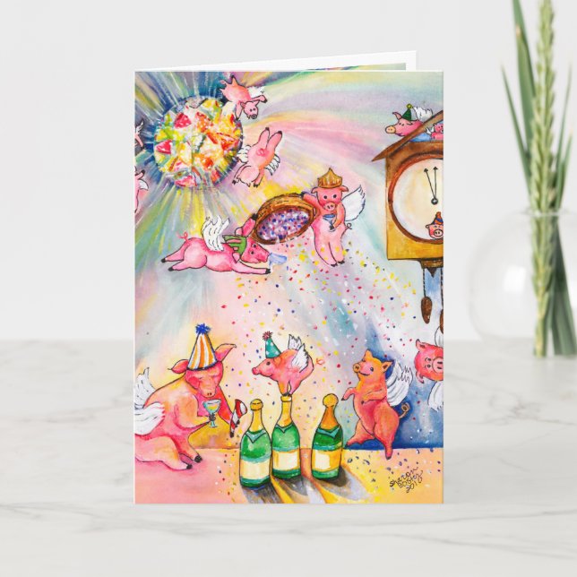Festiva Tarjeta de Feliz Año Nuevo Cerdo Volador (Anverso)