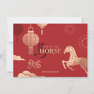 Festiva Tarjeta de Feliz Año Nuevo Chino Caballo Dorado Fo
