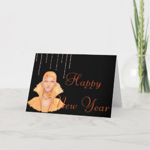 Festiva Tarjeta de Feliz Año Nuevo de Mujer Retro de los D