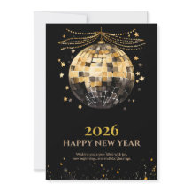 Tarjeta de Feliz Año Nuevo elegante en negro y dor