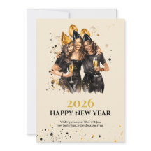 Tarjeta de Feliz Año Nuevo elegante en negro y dor