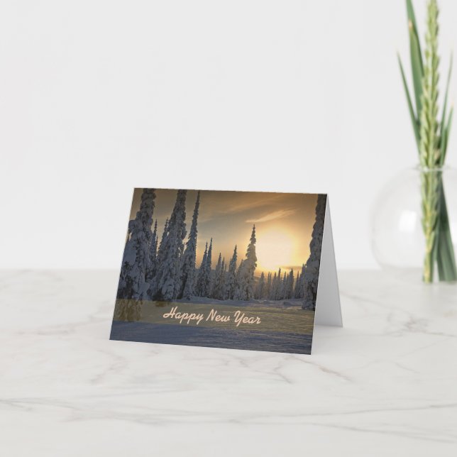 Festiva Tarjeta de Feliz Año Nuevo Nieve y Sol (Anverso)