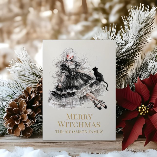Festiva Tarjeta de Feliz Brujmas Gótica Personalizable (Merry Witchmas Gothic Witch Custom Holiday Card on a wooden table with Christmas decoration)
