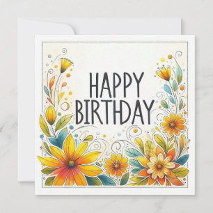 Festiva tarjeta de feliz cumpleaños con flor amarilla