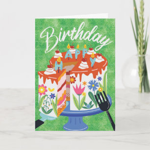 Festiva Tarjeta de Feliz Cumpleaños con Tarta Verde