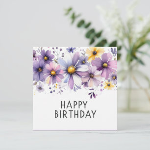 Festiva tarjeta de feliz cumpleaños flores moradas