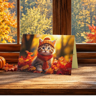 Festiva Tarjeta de Feliz Día de Acción de Gracias Gatito O