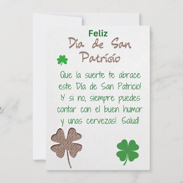 Festiva Tarjeta de Feliz Día de San Patricio en Español (Anverso)