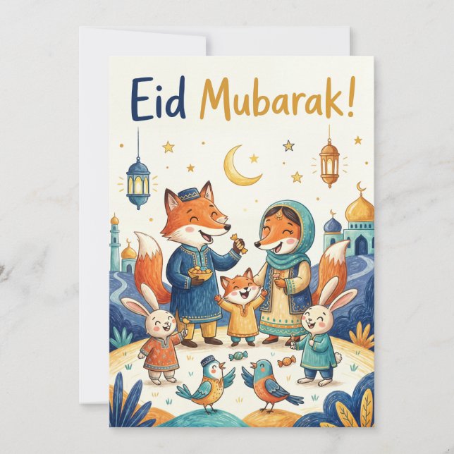 Festiva Tarjeta de Feliz Eid - Celebración Familiar (Anverso)