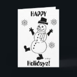 Festiva Tarjeta de "FELIZ FESTIVIDAD" para Snowman<br><div class="desc">La tarjeta dice: "¡FELICES VACACIONES!" ¡Un muñeco de nieve bonito y invierno para alegrar tu invierno! Inspirado en los originales años 50, Snowguy, de estilo retro y escarpado, es el diseño más bonito para sonar en invierno y animar la nieve. Dibujado a mano en tinta y digitalmente coloreado. Obra original...</div>