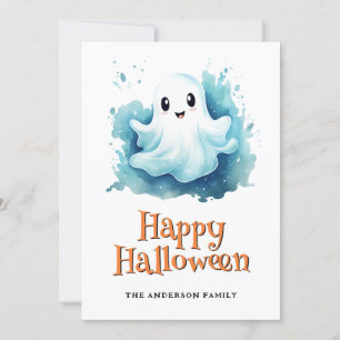 Festiva Tarjeta de Feliz Halloween de fantasmas y calabaza