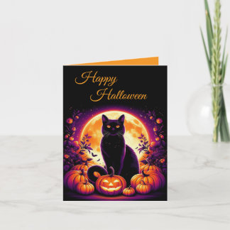 Festiva Tarjeta de Feliz Halloween de Gato Negro con Luna
