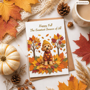 Festiva Tarjeta de Feliz Otoño con Labradoodle para la Fam