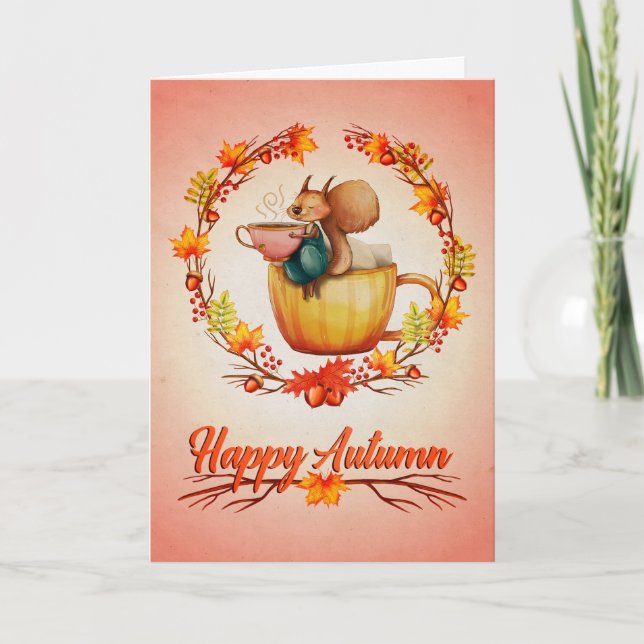 Festiva Tarjeta de Feliz Otoño para Ardilla (Anverso)