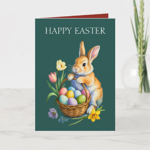 Festiva Tarjeta de Feliz Pascua con Conejito y Tulipanes