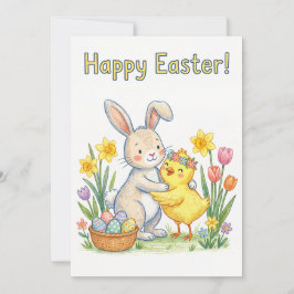 Festiva Tarjeta de Feliz Pascua – Conejito y Pollito Lindo